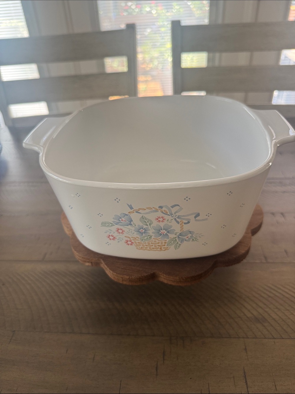 Corningware White Casserole with Blue Ribbon and Floral Basket Motif